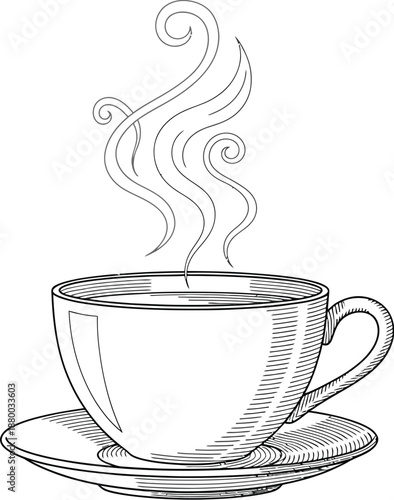 Engraving style sketch of a steaming hot cup of coffee resting elegantly upon its matching saucer suggesting warmth comfort and the beginning of a relaxing break or morning ritual