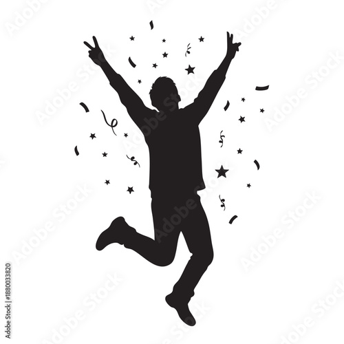 Silhouette man jumping victorious celebration confetti stars flying around excited person raising arms up cheerful festive atmosphere vector illustration isolated white background