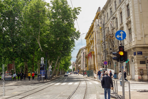 Zagreb, Croatia - 05.16.2025: ancient buildings and tram lines in old town
