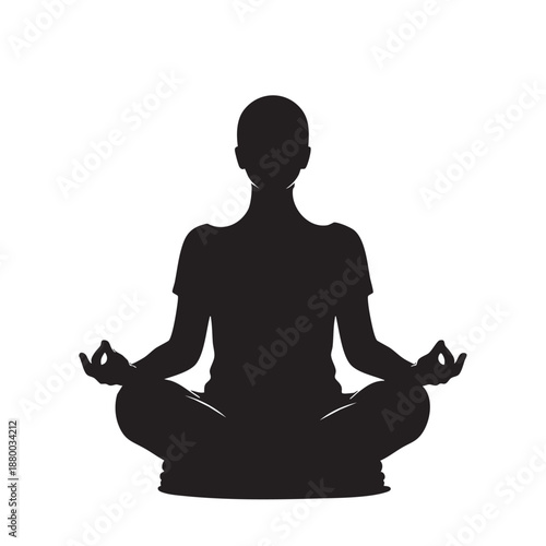 Serene person silhouette meditating in lotus position tranquil yoga practice mindfulness exercise inner peace spiritual well-being vector illustration relaxation calm black graphic