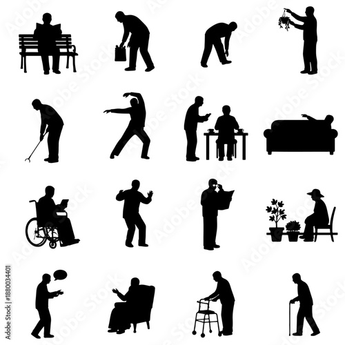 Set of 20 elderly people silhouettes showing daily activities, care, rest and movement. Includes sitting, walking with a cane, using a walker, gardening, reading and social interaction poses. 
