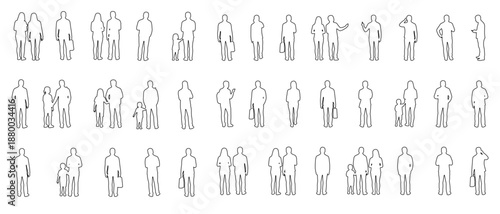 Set of 36 minimal outline people figures in varied standing, walking and group poses. Ideal for architectural plans, urban design, infographics, presentations, floor plans and modern visual layouts.
