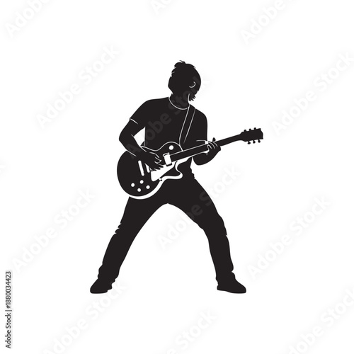 Energetic guitarist silhouette, male musician playing electric guitar in dynamic pose, vector illustration of rock star performance