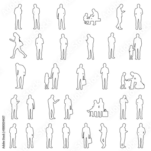 Clean outline illustration set of people in casual daily poses, including standing, walking, and light interaction scenes. Minimal contour style works well for floor plans, public space layouts
