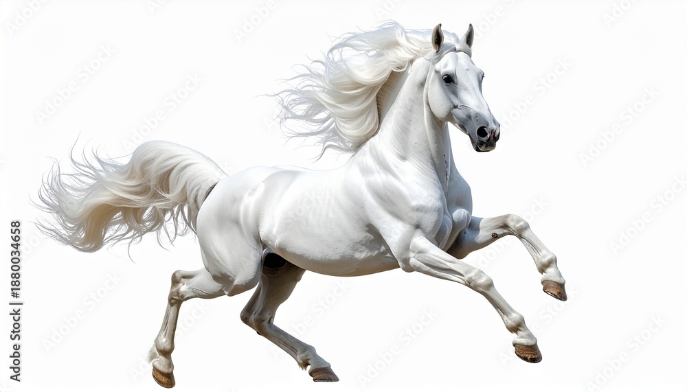 Obraz premium White Horse Galloping with Flowing Mane and Tail on White Background