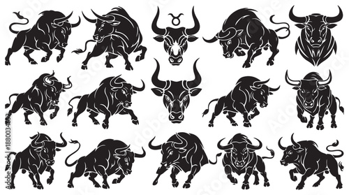 Bull Silhouette Set Charging Taurus Animal Vector Illustration