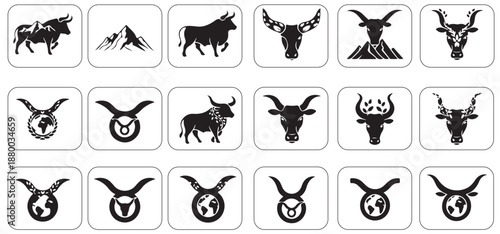 Bull Taurus Zodiac Set with Mountain and Globe Vector Icons