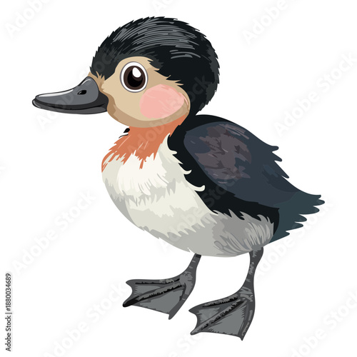 Black and white duckling swimming in the calm blue lake water animal illustration for minimalist wildlife art