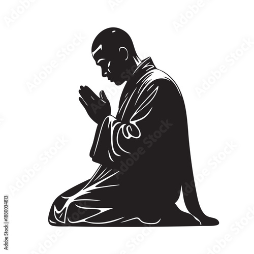 Monk meditating silhouette vector illustration of Buddhist spiritual practice isolated on white background depicting peaceful devotion