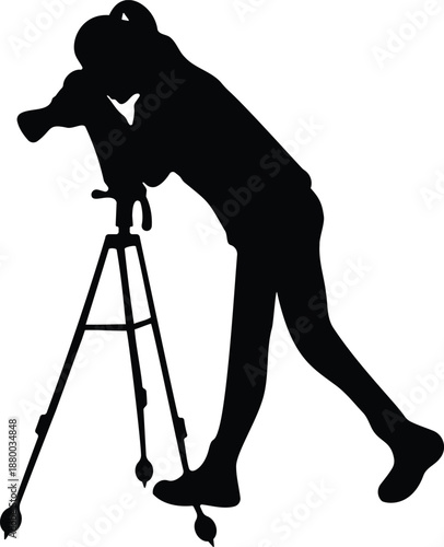 Black Silhouette of Photographer with Camera on Tripod Vector
