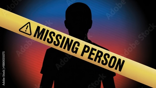 Missing person alert with silhouette against caution tape