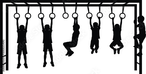 Children playing on monkey bar rings at playground, hanging and climbing in silhouette, active outdoor exercise improving strength, balance, teamwork, fun physical activity for kids.