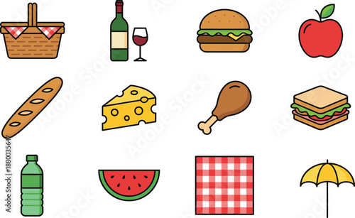 Picnic food and outdoor meal items illustrated in a colorful set including basket, wine, sandwiches, fruit, drinks and accessories for summertime leisure.