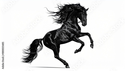 Black Horse Rearing with Flowing Mane on White Background