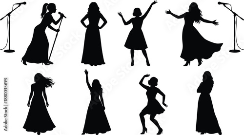 Women performing and dancing in silhouette with microphones on stage, expressing elegance, movement, creativity and artistic emotion in music, concert, show and theatrical performance scenes.