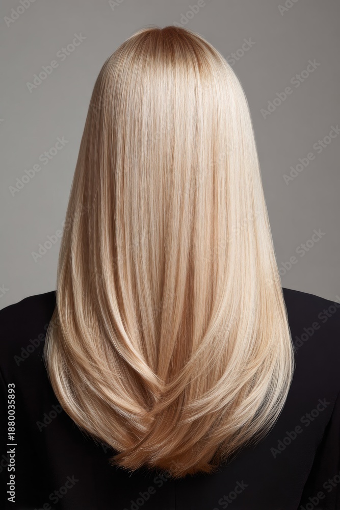 Naklejka premium A woman with long, straight, glossy blonde hair styled smoothly, wearing a black top against a neutral gray background.