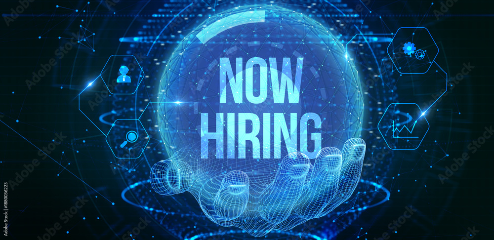 Obraz premium Business, Technology, Internet and network concept. NOW HIRING inscription, modern technology business concept. 3d illustration
