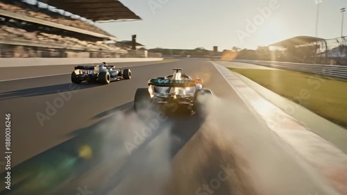 High-Speed Race Action Featuring Two Formula Cars Competing on a Sunlit Track with Motion Blur and Dynamic Lighting Effects