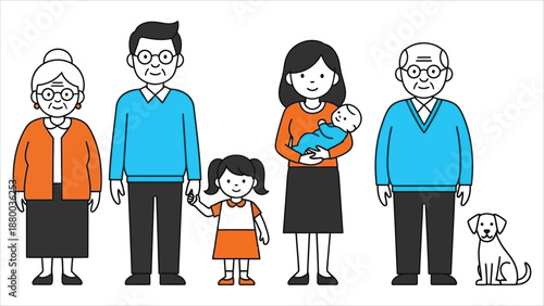 Cartoon Family Vector – Kids, Adults, Grandparents, and Pet Dog Illustration