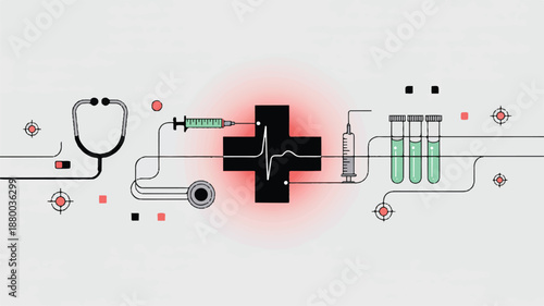 Medical symbols and equipment illustration with cross and stethoscope