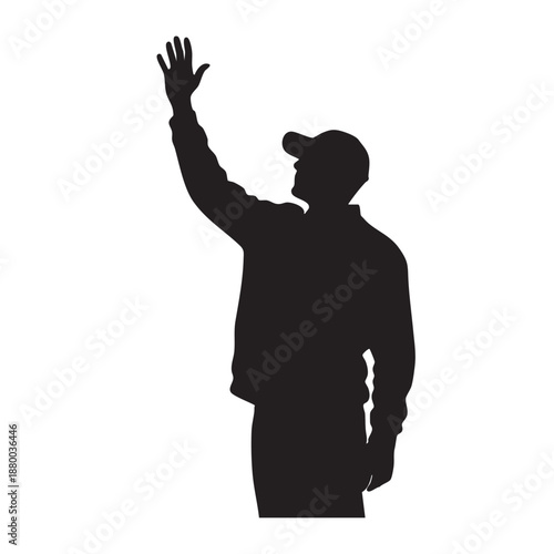 Silhouette of man waving hand in the air, wearing a baseball cap and jacket. Male figure gesturing goodbye or greeting. Vector illustration of a person with raised arm.