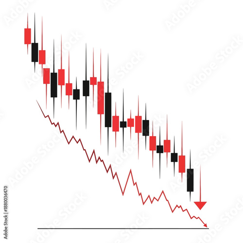 Diagonal candlestick chart showing bearish finance trend with red arrow overlay, white background, viewed from a top-left perspective