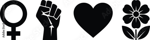 Black silhouettes of key hand heart and flower on white background