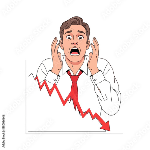 Cartoon man in a white shirt and red tie reacts in shock to a sharply declining red graph behind him, viewed frontally