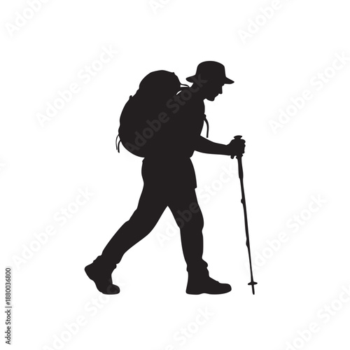 Hiker silhouette with backpack and trekking pole, side view of male backpacker walking in nature, adventurer on journey, isolated vector graphic of outdoor activity