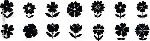 Collection of black silhouettes of various flowering plants and leaves