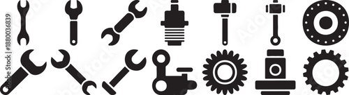 Mechanical Tools Silhouette Icon Set, Industrial Equipment Symbols, Repair Tool Vector Collection