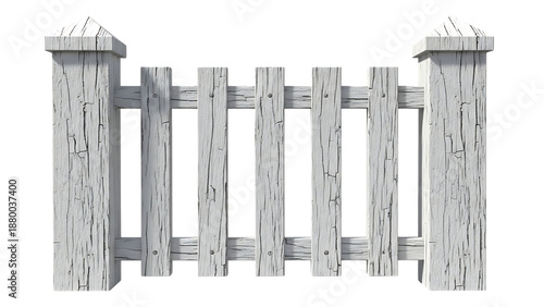 Weathered wooden fence on transparent background with posts and slats