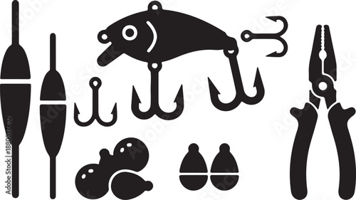 Black and white fishing tools wine glasses and mushrooms