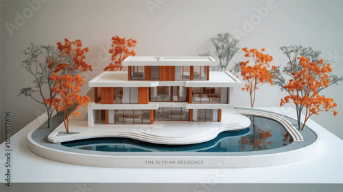 modern luxury house model with pool and trees on display