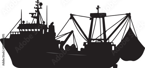 Black and white silhouette of a large fishing boat with multiple masts and rigging