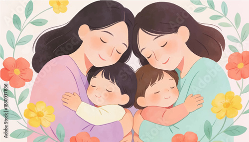 A flat illustration featuring mothers with gentle, loving expressions tenderly embracing their children in warm, protective hugs. Vector.