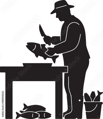 Silhouette of a person filleting fish at a counter 1