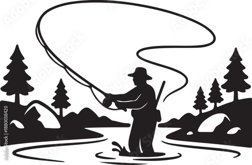 Silhouette of a person fly fishing in a forest with a thought bubble 1
