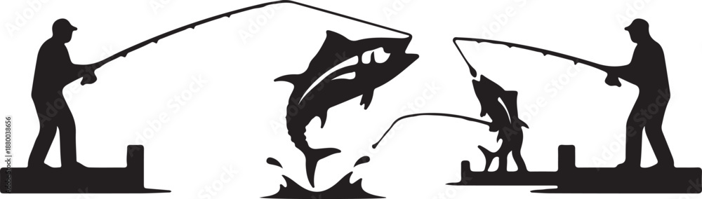 Obraz premium Silhouette of two men fishing with a large fish jumping out of water 1