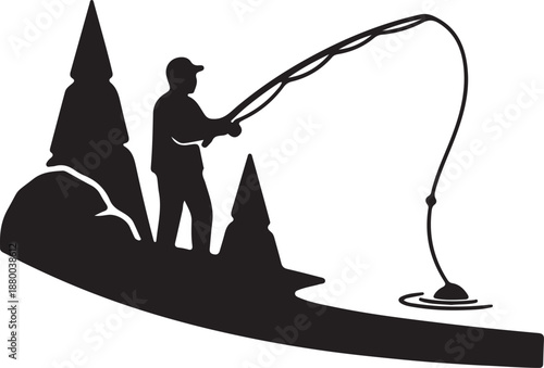 Silhouette of person ice fishing on frozen lake 1