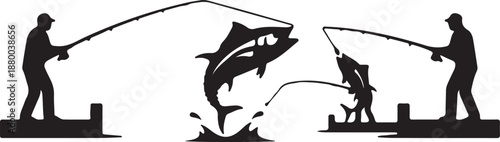 Silhouette of two men fishing with a large fish jumping out of water 1