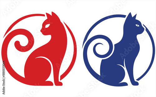 Minimalist Sitting Cat Silhouette Logo Vector in Red and Blue
