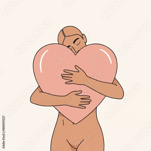 Person Hugging a Heart with Closed Eyes in a Serene Illustration