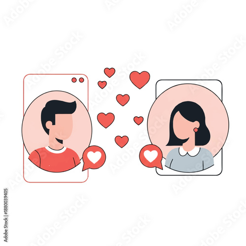 Couple exchanging heart messages on social media profiles with love and affection