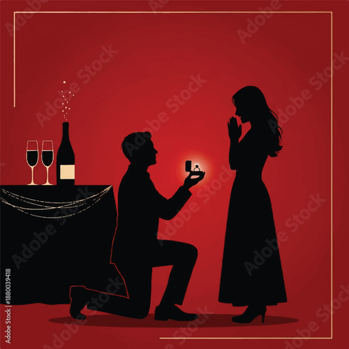 Man proposing to woman with champagne and wine glasses on a table nearby in a romantic setting