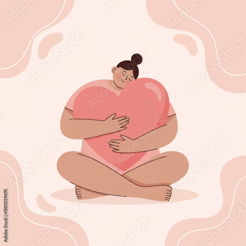 Illustration of a woman sitting cross-legged hugging a heart