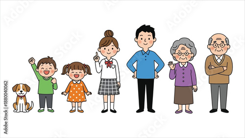 Hand-Drawn Family Illustration – Multi-Generational Cartoon Characters with Kids and Dog Vector.eps
