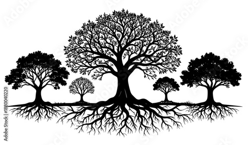 Artistic tree silhouette vector set with exposed roots flowing foliage and falling leaves isolated on white background