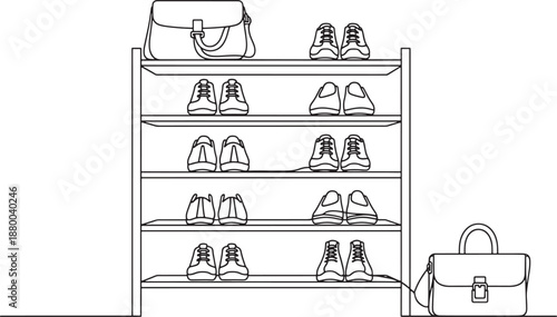 Shoe shelf and hallway storage icon in thin line style for home organization, minimal interior UI, lifestyle apps, furniture catalogs, and modern living branding