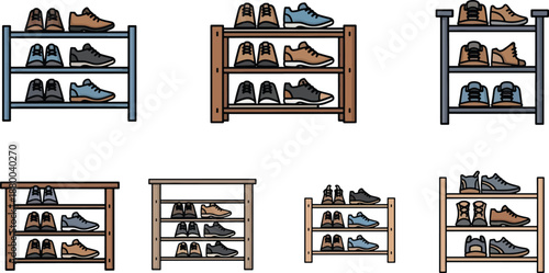 Shoe rack and storage shelf icon set in thin line, bold outline, rounded minimal, and flat styles for home organization apps, interior UI, furniture catalogs, and lifestyle branding